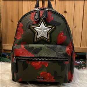 Coach Star Patch Backpack with Red Floral Design